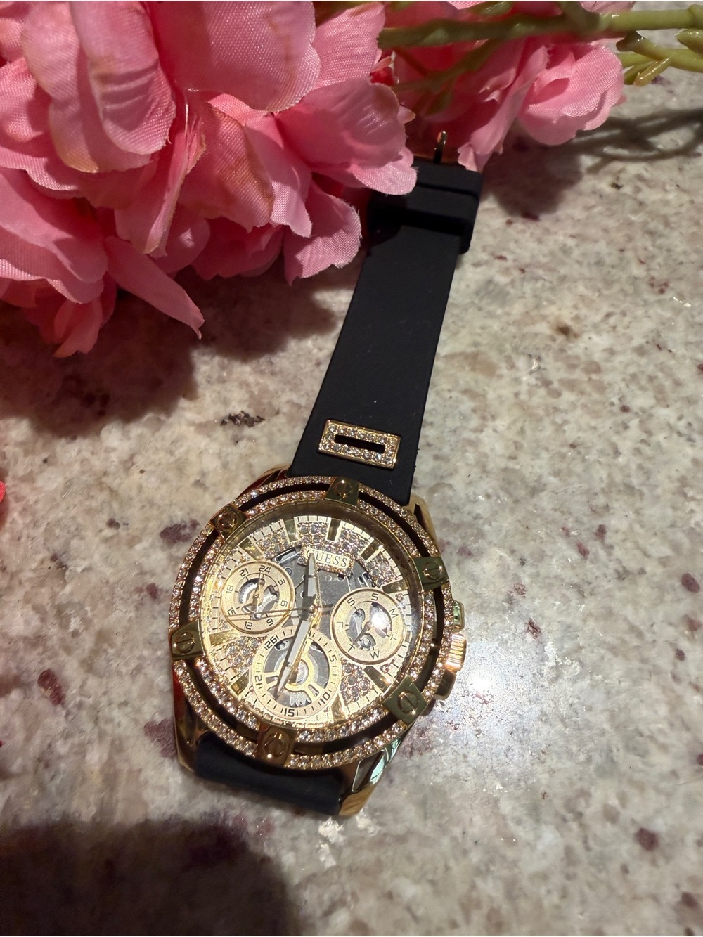 Guess Gold-Tone Chronograph Watch with Black Silicone Strap - Picture 7 of 7